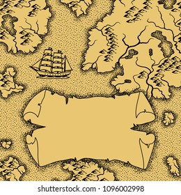 Background with old nautical map. Islands, ships and vintage retro scroll.