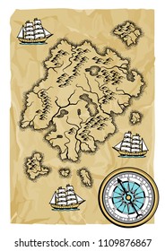 Background with old nautical map. Islands, ships and vintage retro compass.