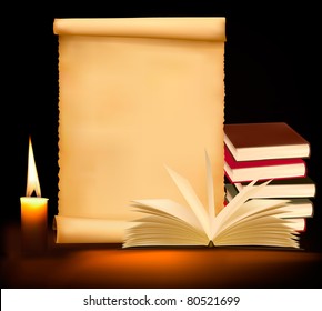 Background with old paper, candle and old books. Vector illustration.