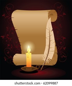 Background with old paper, candle and feather, illustration