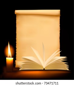 Background with old paper, candle and open book. Vector illustration.