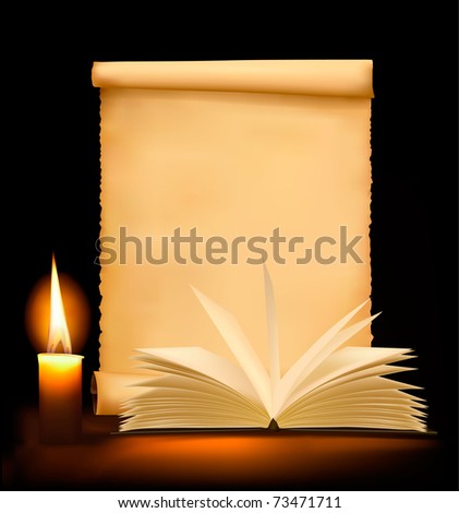 Background with old paper, candle and open book. Vector illustration.