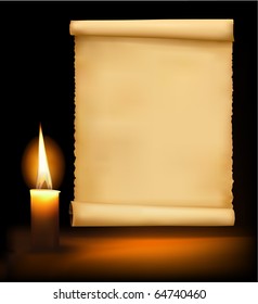 Background with old paper, candle and a candle. Vector illustration.