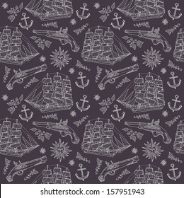 background with old sailing ships and guns. seamless
