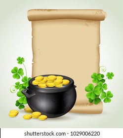 Background with old scroll, pot of gold and clover leaves. Design for St. Patrick's Day. Vector illustration