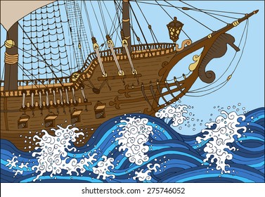 Background with old ship sailing in storm among waves, detailed hand drawn illustration