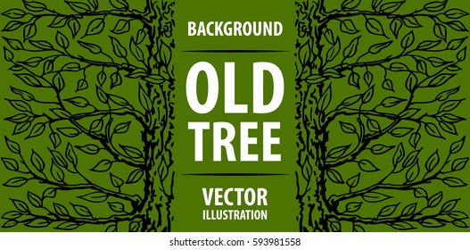 Background old tree. Green tree and the inscription on its trunk. Vector illustrations.