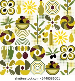 Background with olive berry icons, olive oil, design elements in flat simple geometric style. Seamless pattern with abstract shapes. Good for branding, decoration of food package, decorative print