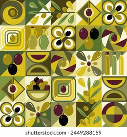 Background with olive berry icons, olive oil, design elements in flat simple geometric style. Seamless pattern with abstract shapes. Good for branding, decoration of food package, decorative print