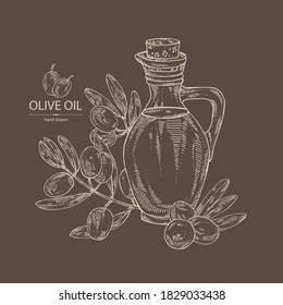 Background with olive and bottle of olive oil. Vector hand drawn 