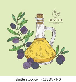 Background with olive and bottle of olive oil. Vector hand drawn 