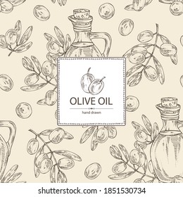 Background with olive and bottle of olive oil. Vector hand drawn illustration.