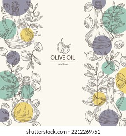 Background with olive and bottle of olive oil. Vector hand drawn illustration.