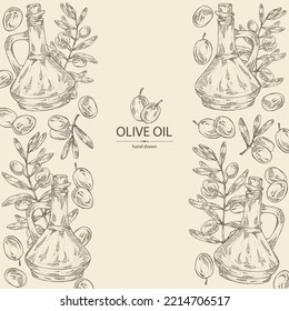 Background with olive and bottle of olive oil. Vector hand drawn illustration.