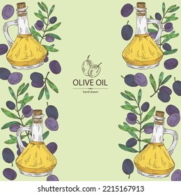 Background with olive and bottle of olive oil. Vector hand drawn illustration.