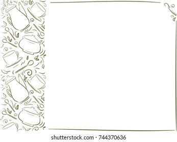 Background with olive crockery pattern stripe in the left - frame for text, information,  announcement, presentation, poster, menu. Doodle illustration