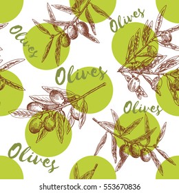Background for olive oil pattern with olives, green olive branch with berries