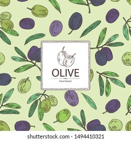 Background with olive: olives and olive branch. Vector hand drawn illustration.