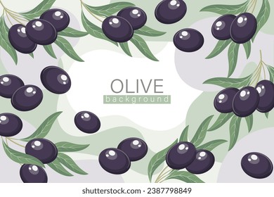 Background with olives. Cosmetic label background, black olives and twigs with leaves on an abstract background, vector