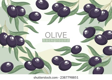 Background with olives. Cosmetic label background, black olives and twigs with leaves on an abstract background, vector