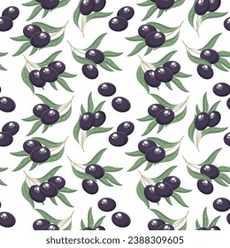 Background with olives. Seamless pattern, black olives and twigs with leaves on a white background. Print, vector