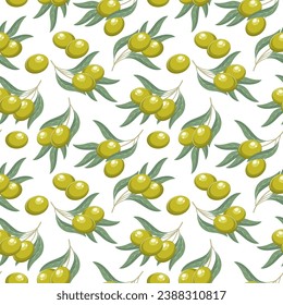 Background with olives. Seamless pattern, green olives and twigs with leaves on a white background. Print, vector