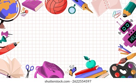 Background on back to school with educational supplies. Frame with a pattern of school accessories and symbols, copy space in the center.
