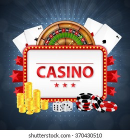 Background on a casino theme.  Roulette, cards, poker chips and coins with place for text. EPS10 vector