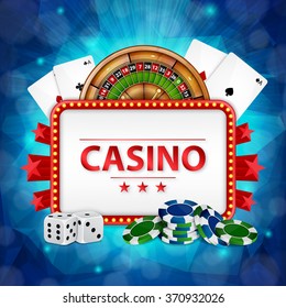 Background on a casino theme. Roulette, cards, poker chips and dices with place for text. EPS10 vector