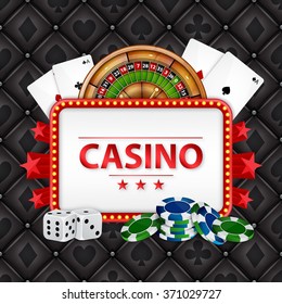 Background on a casino theme. Roulette, cards, poker chips and dices with place for text. EPS10 vector