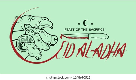 Background on Eid al-Adha. Camel, cow, sheep and goat with a knife. Lettering. Postcard, poster, greeting, for clothes, print.