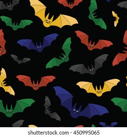 Background on Halloween with cute cartoon colored bats on the black.