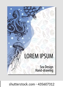 Background on the marine theme, booklet with sketches of sea animals. Blue Wave, octopus, turtle, jellyfish