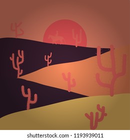 Background on orange, purple and yellow colors. Vector illustration. Desert Landscape with Cactus and Mountains. Flat Design Style. Scenic sandstones.