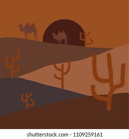 Background on orange, yellow and blue colors. Scenic sandstones. Desert Landscape with Cactus and Mountains. Vector illustration. Flat Design Style.