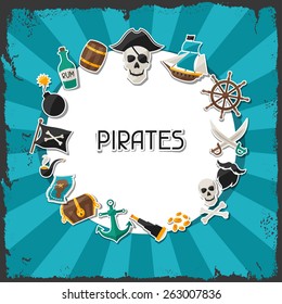 Background on pirate theme with stickers and objects.