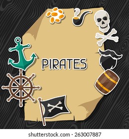 Background on pirate theme with stickers and objects.