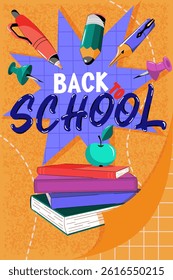 Background on school theme. A poster with a stack of books and an apple, the concept of education and knowledge. Back to school, university. Ideal for web ads, flyers, banners, discounts and sales.