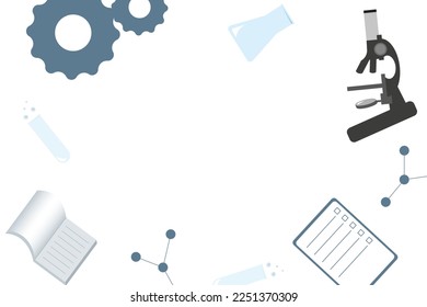 Hintergrund zu wissenschaftlichen Themen mit einem Mikroskop, Teströhren, Laborausrüstung, einer Liste und einem Notizbuch. Flache Vektorgrafik