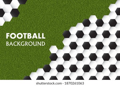 Background on a soccer theme. Black and white hexagon soccer ball pattern. Football texture with grass background.Soccer balls texture background. Realistic Vector illustration EPS 10