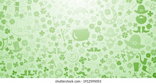 Background on St. Patrick's Day made of clover leaves and other symbols in green colors