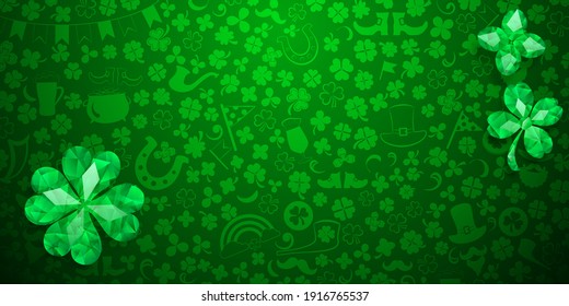 Fondo del Día de San Patricio hecho de hojas de trébol de cristal y otros símbolos en colores verdes