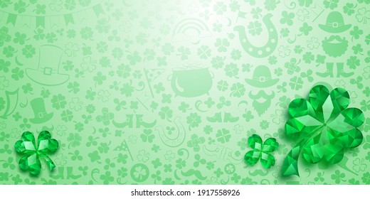 Fondo del Día de San Patricio hecho de hojas de trébol de cristal y otros símbolos en colores verde claro