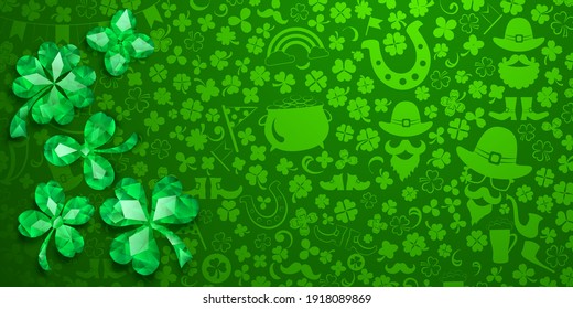 Background on St. Patrick's Day made of crystal clover leaves and other symbols in green colors