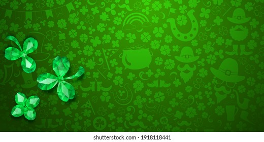 Background on St. Patrick's Day made of crystal clover leaves and other symbols in green colors