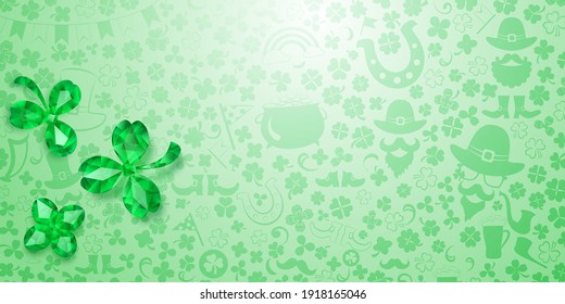 Fondo del Día de San Patricio hecho de hojas de trébol de cristal y otros símbolos en colores verde claro