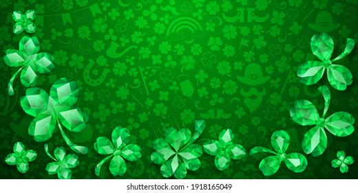 Background on St. Patrick's Day made of crystal clover leaves and other symbols in green colors