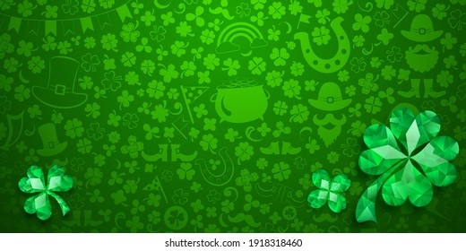 Fondo del Día de San Patricio hecho de hojas de trébol de cristal y otros símbolos en colores verdes