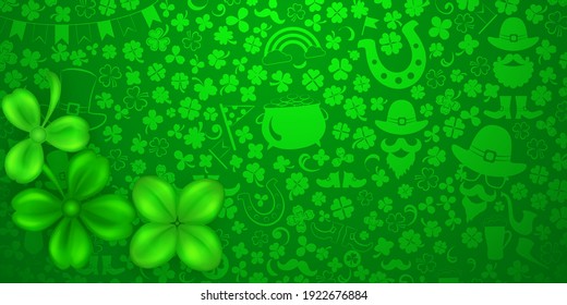 Background on St. Patrick's Day made of realistic clover leaves with shadows and others holiday symbols in green colors