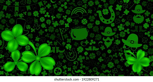 Background on St. Patrick's Day made of realistic clover leaves with shadows and others holiday symbols in green colors